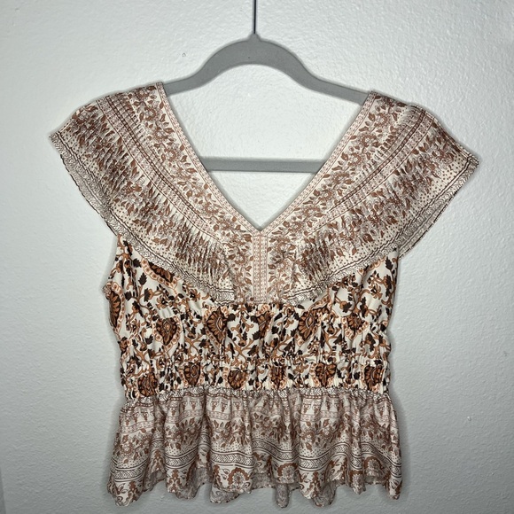 Rachel Zoe Tops - Rachel Zoe Tan and Brown Smocked Peplum Boho Blouse